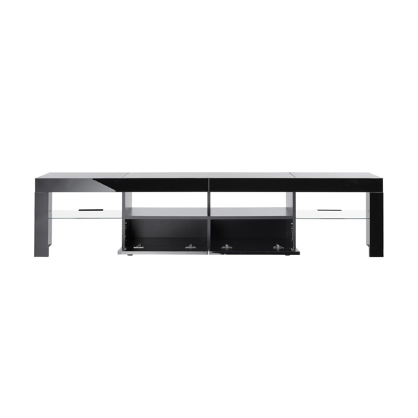 MMT Furniture Designs Modern Black 200cm Matt Gloss TV Stand Cabinet Suitable for 55 - 80 Inch 4K LED Flat Screen TV's Glass Shelves