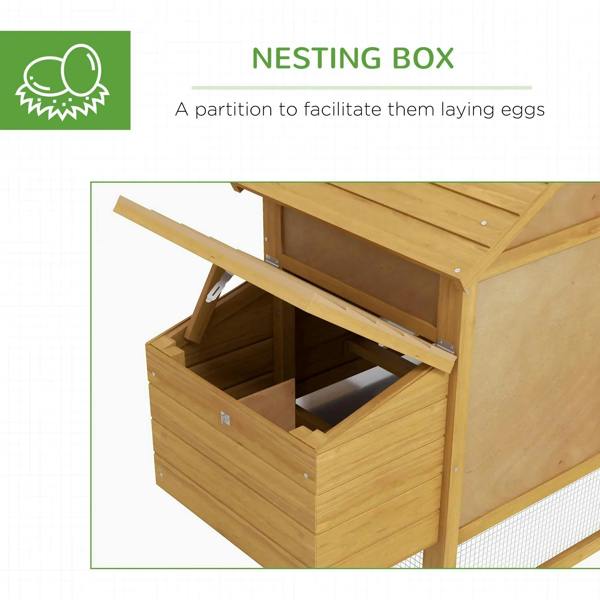 Wooden nesting box with interior partition panel for laying eggs, with hinged lid