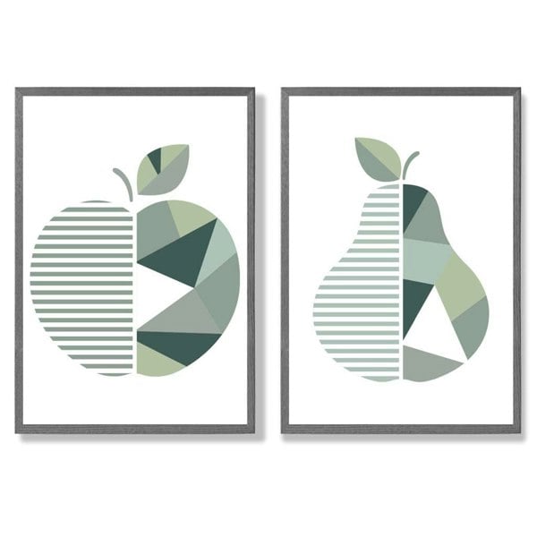 Sage Green Geometric Pineapple Fruit Set of 2 Art Prints with Dark Grey Frame