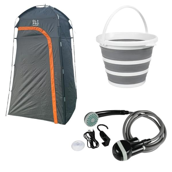 The OLPRO Shower Bundle consisting of the OLPRO Fibreglass Toliet/Shower Tent, 10L Collapsible Bucket and the USB Battery Portable Shower