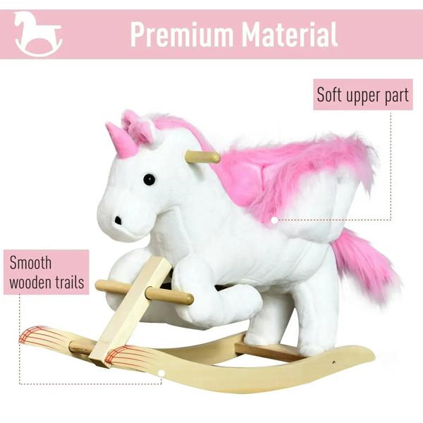 Pink and white plush unicorn rocking horse with smooth wooden handles and soft seat