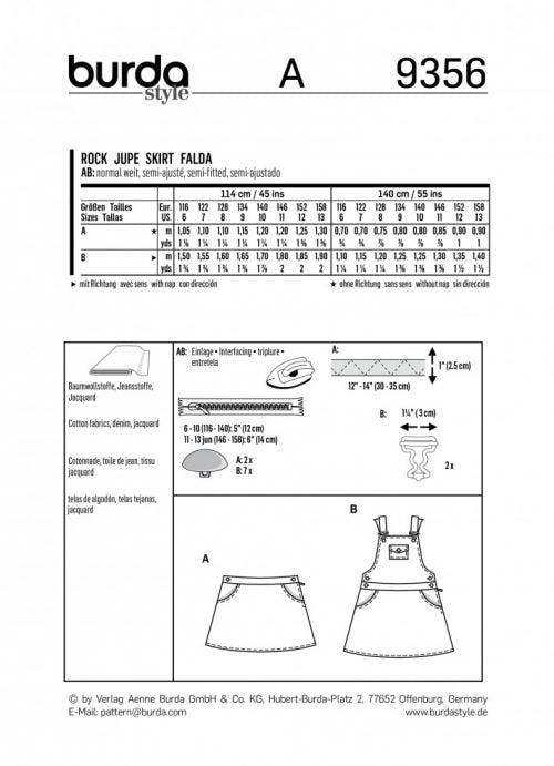Burda Sewing Pattern 9356 Dresses, Pinafores and Skirts For Kids and Teenagers, 6-13 Years - Easy