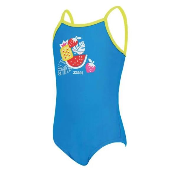 Zoggs Tots Girls Pool Party Classicback swimsuit in blue with yellow trim and fruit design
