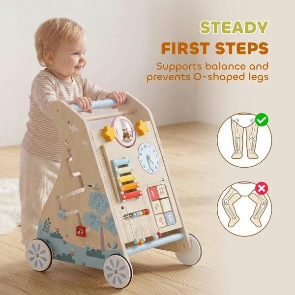 Wooden Baby Walker with Detachable Double-Sided Activity Board, Push Along Walker, Gift for Boys Girls 1-3 Years