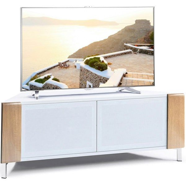 MDA Designs CORVUS Corner-Friendly Gloss White Contemporary Cabinet with Oak Profiles White BeamThru Glass Doors for Flat Screen TVs up to 50"