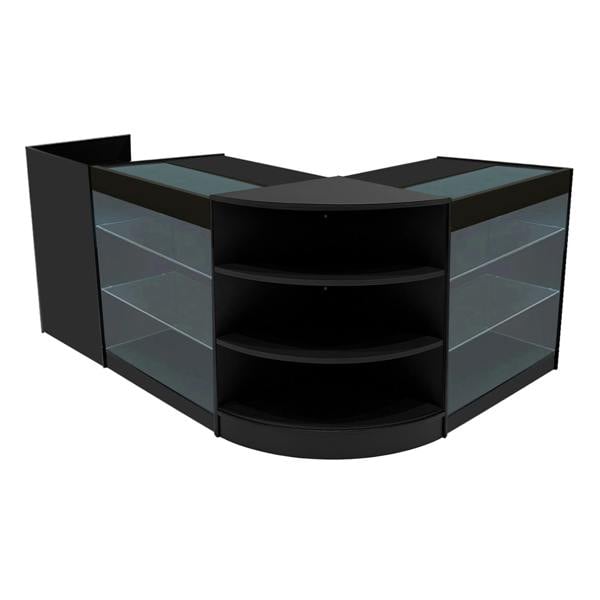 Astro LED Shop Counter Set in sleek black, featuring curved glass shelves and modern design, ideal for retail displays