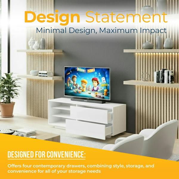 Homeology Gallus High Gloss White with 2-White Drawers and 3-Shelf 32"-55" LED/OLED/LCD TV Cabinet