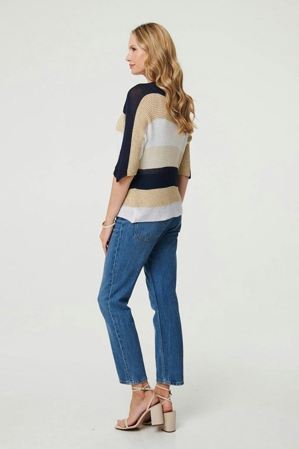 Navy | Striped 3/4 Sleeve Mesh Texture Jumper
