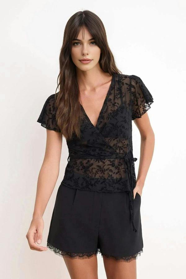 Fitted Wrap-Around Long-Sleeve Knitted Blouse