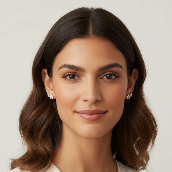 BLOOMTINE_STERLING__SILVER_ETERNAL_BLOOM_EARINGS_THE_PERFECT_GIFT. Woman with styled hair and BLOOMTINE earrings against a neutral background
