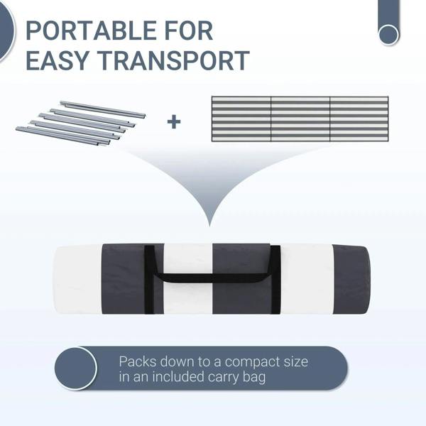 Windbreak packed down in an included carry bag, with grey and white striped panels