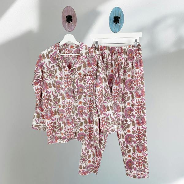 Hayley & Co Block Print Floral 100% Cotton Long Pyjama Set in White and Pink