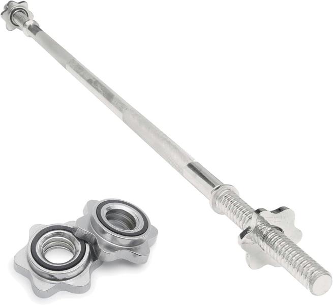 Straight barbell bar with a 1-inch diameter, 1.2m length, featuring a sleek chrome finish and two spinlock collars for secure weight loading