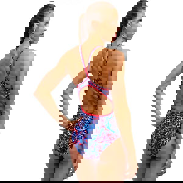 Funkita Mad Cat Diamond Back swimsuit in blue pink pattern with red trim