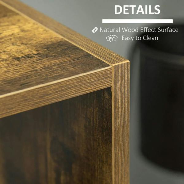 Close-up of brown wood-grain tabletop on cube shelving with smooth finished surface
