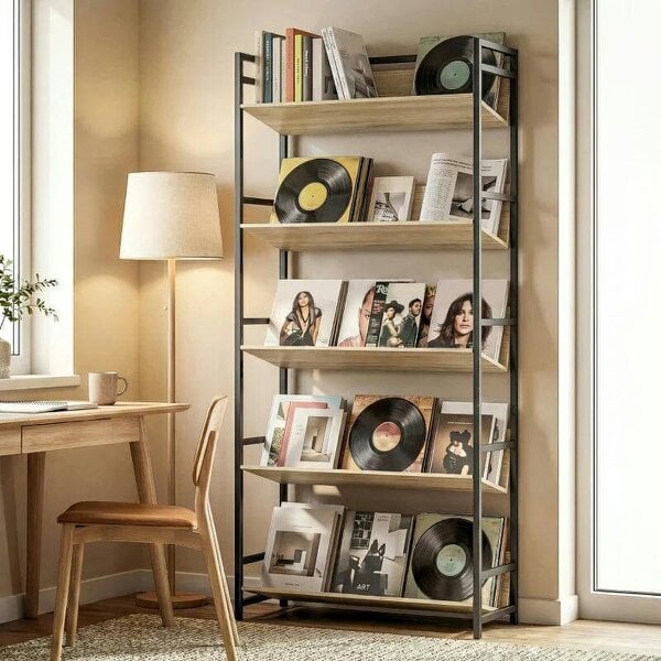 Bookshelf 5-Tier Metal Frame Bookcase Storage Shelves for Living Room Oak - Oak