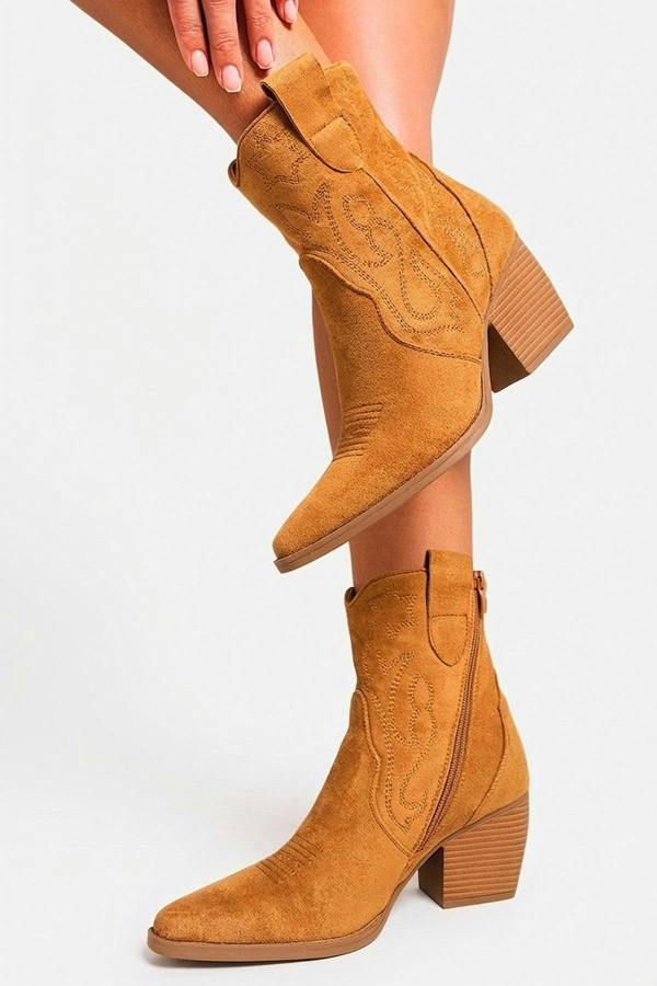 Laura Suede Cowboy Ankle Length Boots - Camel_wb