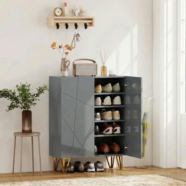 Narrow Shoe Storage Cabinet with Soft-Close Hinges and Adjustable Shelves for 15-20 Pairs of Shoes, Grey - Grey
