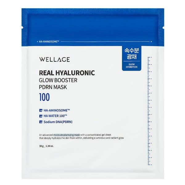 WELLAGE Real Hyaluronic Glow Booster PDRN Mask sachet 38g - Salmon DNA regenerative sheet mask - Atelier De Glow UK
