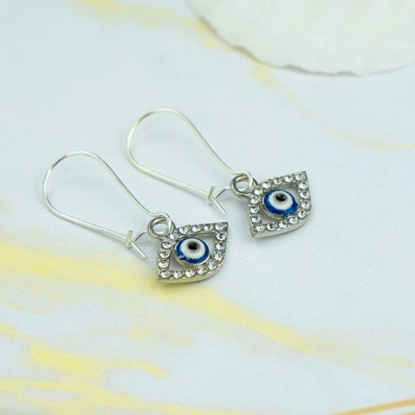 The Colourful Aura Long Silver Evil Eye Huggie Dainty Zircon Devil Eye Charm Latch Back Earrings