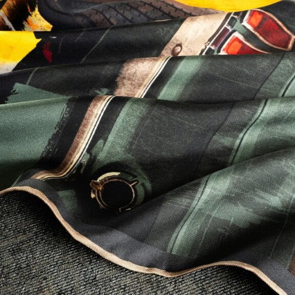 Otway & Orford 'Muscle Car' silk pocket square in green & orange (42 x 42cm)