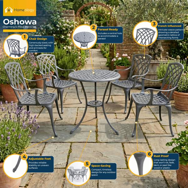 Homeology OSHOWA Luxurious Garden and Patio Table and 4 Large Chairs with Armrests Cast Aluminium Bistro Set - Grey