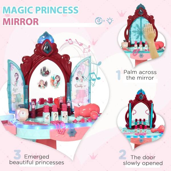 Kids dressing playset with arched princess mirror and colorful bottles, pink and blue vanity