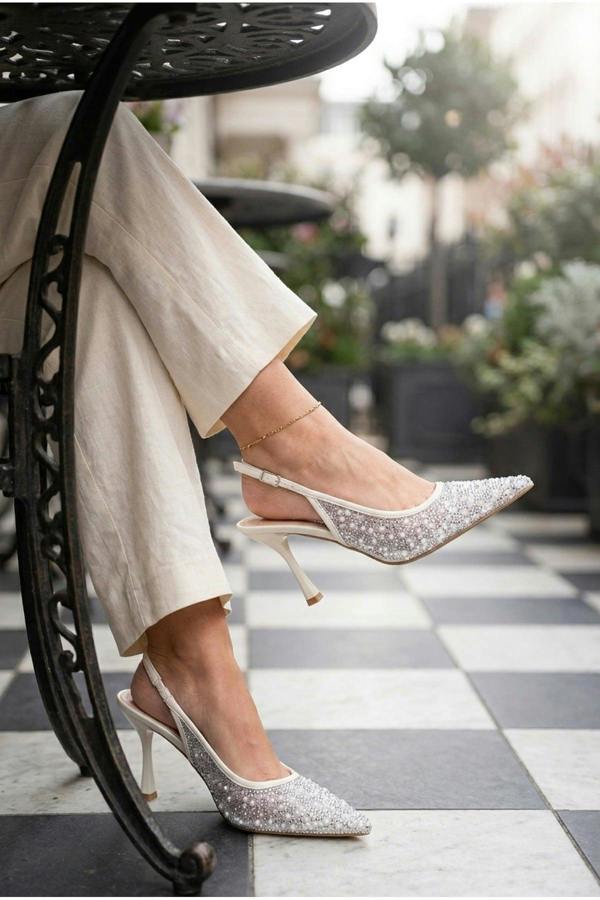 Saoirse Embellished Mesh Pointed Toe Heels - White