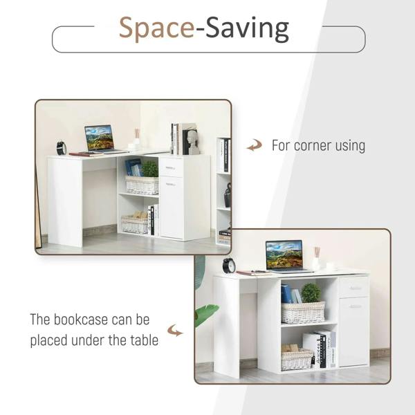 White corner desk with open shelves under the tabletop for added storage