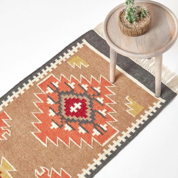 HOMESCAPES Jaipur Handwoven Brown and Orange Kilim Wool Rug