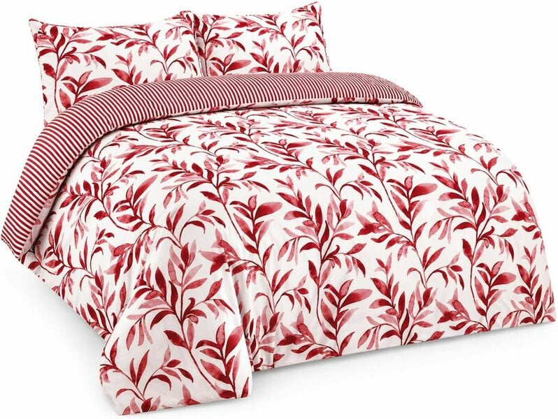 Night Zone Ellie Leaf Floral Printed Duvet Cover Set – Botanical Easy Care Bedding with Pillowcases - Red