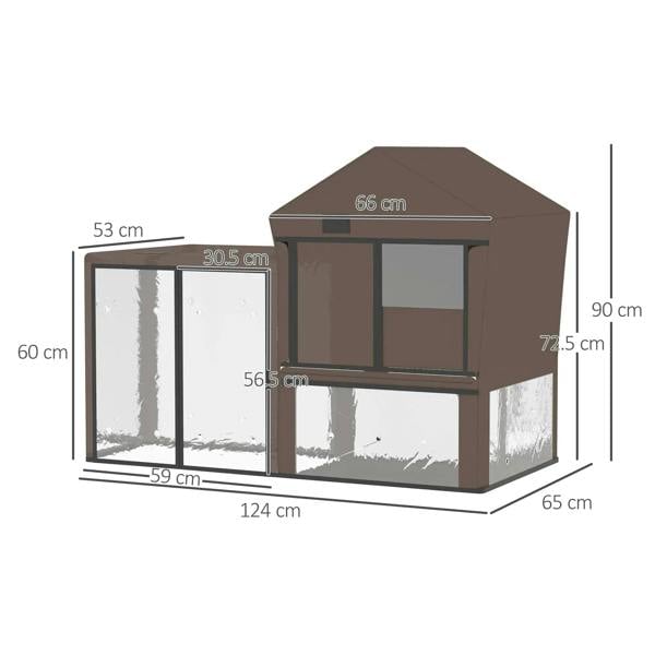 Brown fitted pet cage cover with top roof and two clear front window panels