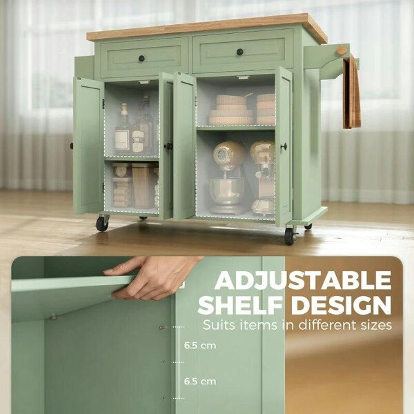 Rolling Kitchen Island Storage Trolley with Rubber Wood Top & Drawers for Dining Room, Light Green