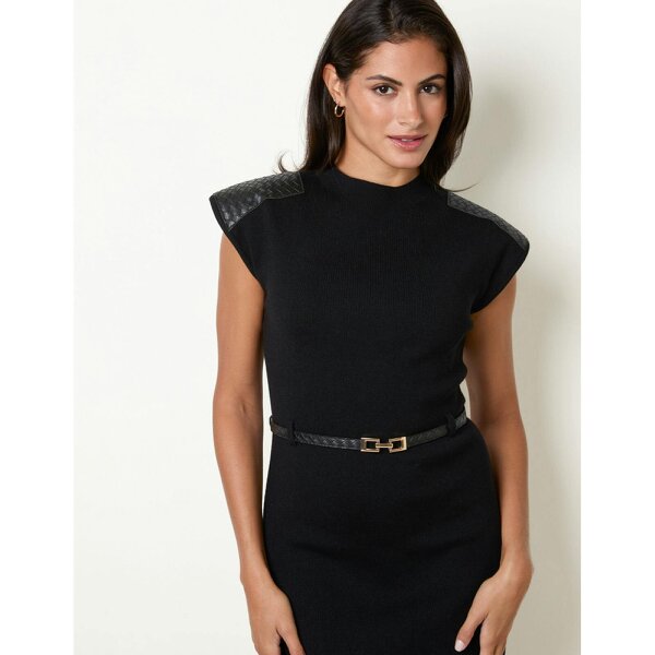 Blue Vanilla Sleeveless Woven PU Leather Detailed Shoulder Midi Dress With Belt