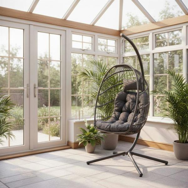 Samuel Alexander Grey Rattan Hanging Egg Chair with Stand & Cushions for Indoor Use