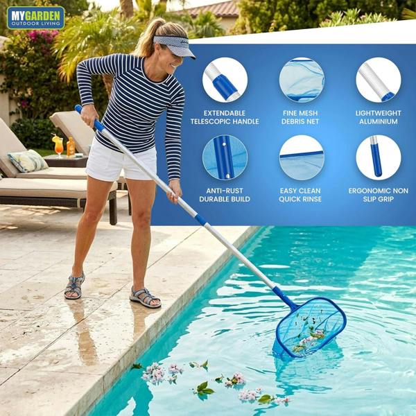 My Garden Outdoor Living My Garden Extendable Leaf Skimmer 122 cm - Swimming Pool Skimmer with Fine Mesh & Aluminium Handle for Leaves, Bugs & Debris