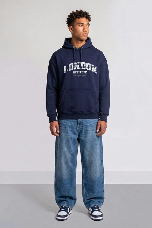 London Attitude Relaxed Fit Collegiate Graphic Hoodie in White - New French Navy