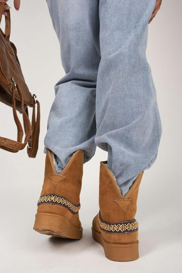 Karsie Suedette Embroidered Flat Ankle Boots - Chestnut