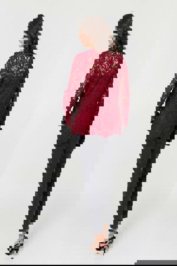 Red | Lace Texture Layered Long Sleeve Blouse
