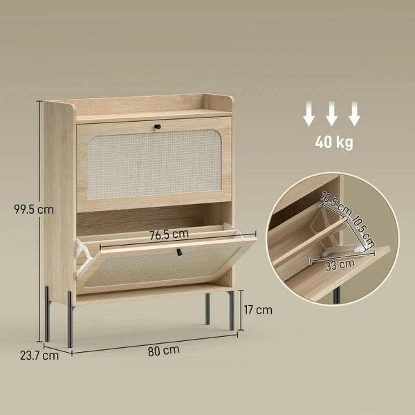 Bobobiy Shoe Cabinet with 2 Flip Drawers, Boho Narrow Shoe Storage Cabinet, Oak