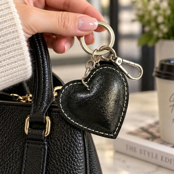 Love EMVY Genuine Leather Metallic Heart Keyring & Bag Charm - Black