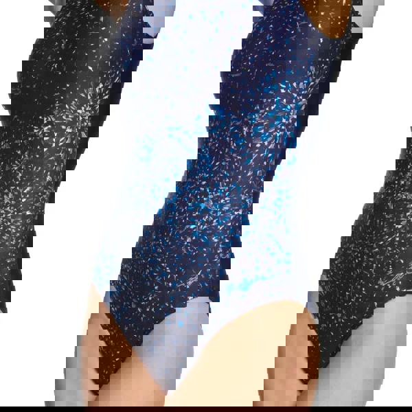 Navy Zoggs Boronia swimsuit with fireworks, shelf bra, medium leg, Ecolast fabric