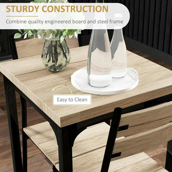 Light wood dining table with black steel legs and lower shelf, chairs nearby