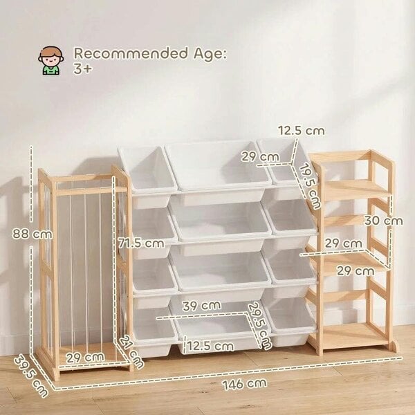 Bobobiy Wooden Toy Storage Unit with Stuffed Animal Storage, Bookshelf and 12 Bins for Kids Rooms, Bedroom, Playroom, Nursery
