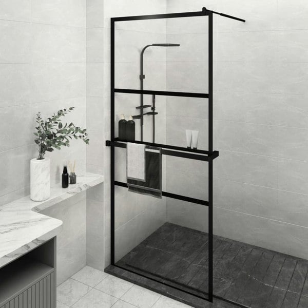 Berkfield Walk-in Shower Wall with Shelf Black 90x195 cm ESG Glass&Aluminium