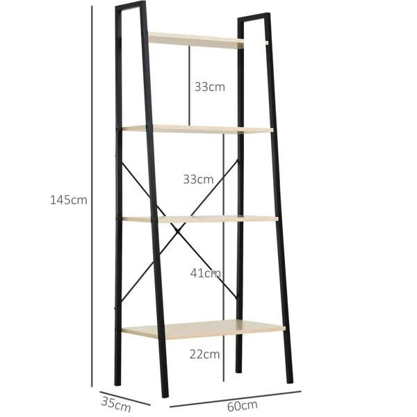 4-tier ladder shelf, black metal frame with light wood shelves and X-style cross braces