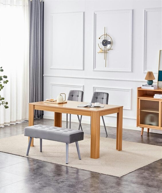 Kosy Koala Dining Table and 2 Chairs With Bench Oak Effect Wood Table 2 Grey Velvet Chairs Dining Room