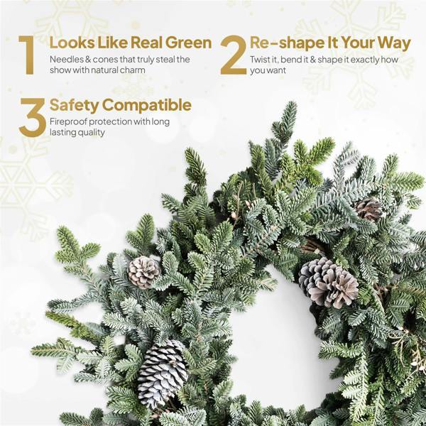 60cm Green Cypress Pine Wreath with Pine Cones, Realistic PE Foliage for Festive Door and Home Displays image 7