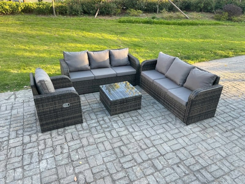 Fimous Outdoor Rattan Garden Furniture Set Conservatory Patio Sofa Coffee Table With Reclining Chair Dark Grey Mixed