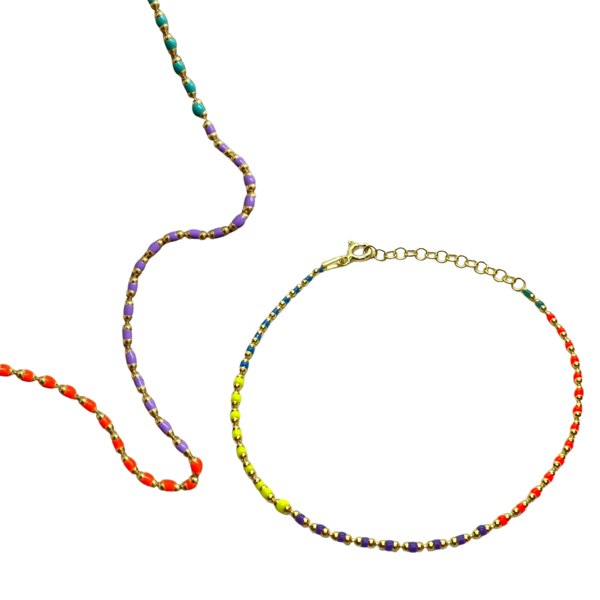 Spero London Sterling Silver Enamel Mine Beaded Colourful Rainbow Necklace and Bracelet Set